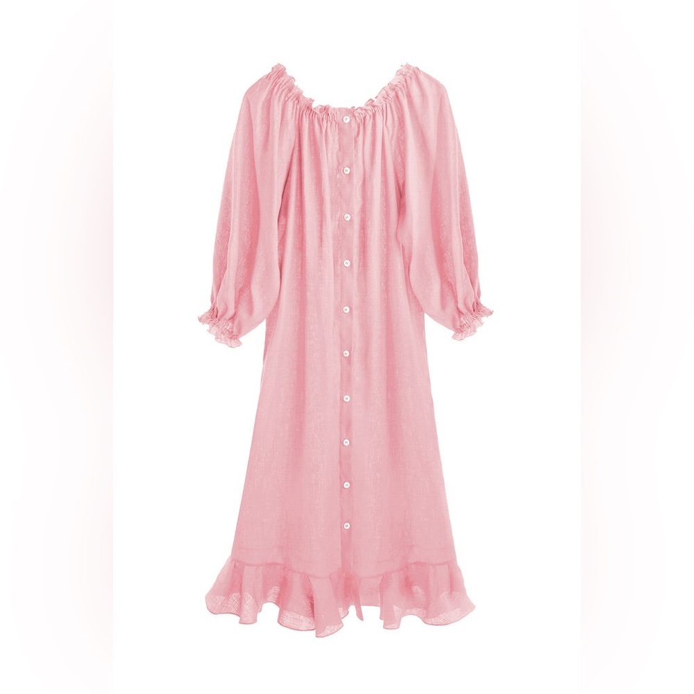 Sleeper Pink Midi Button-Front Peasant Dress